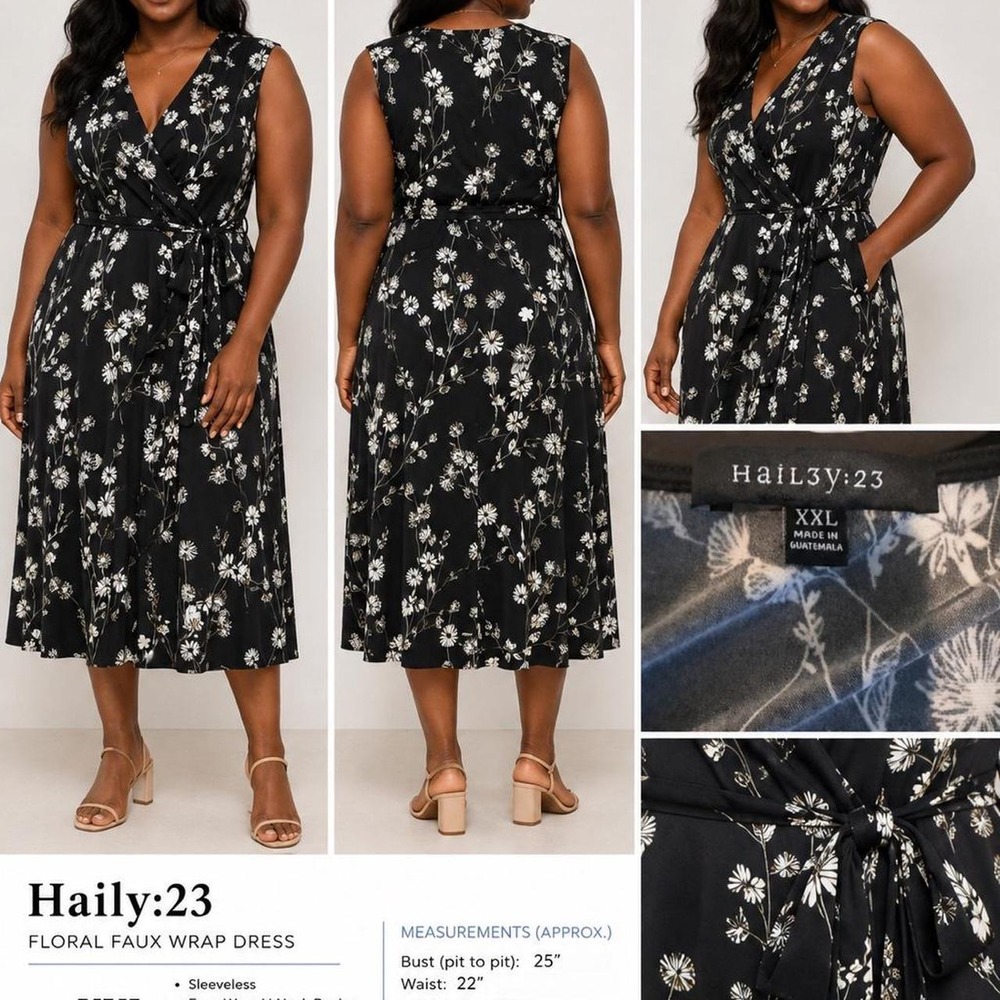 Haily:23 Floral Wrap Dress Women's XXL Black White Sleeveless Midi Dress